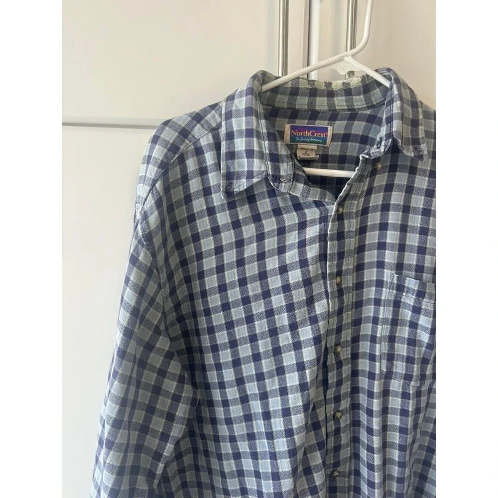 NorthCrest Mens Blue Grey Plaid Long Sleeve Cotton‎ Button Down Shirt LT 42-44